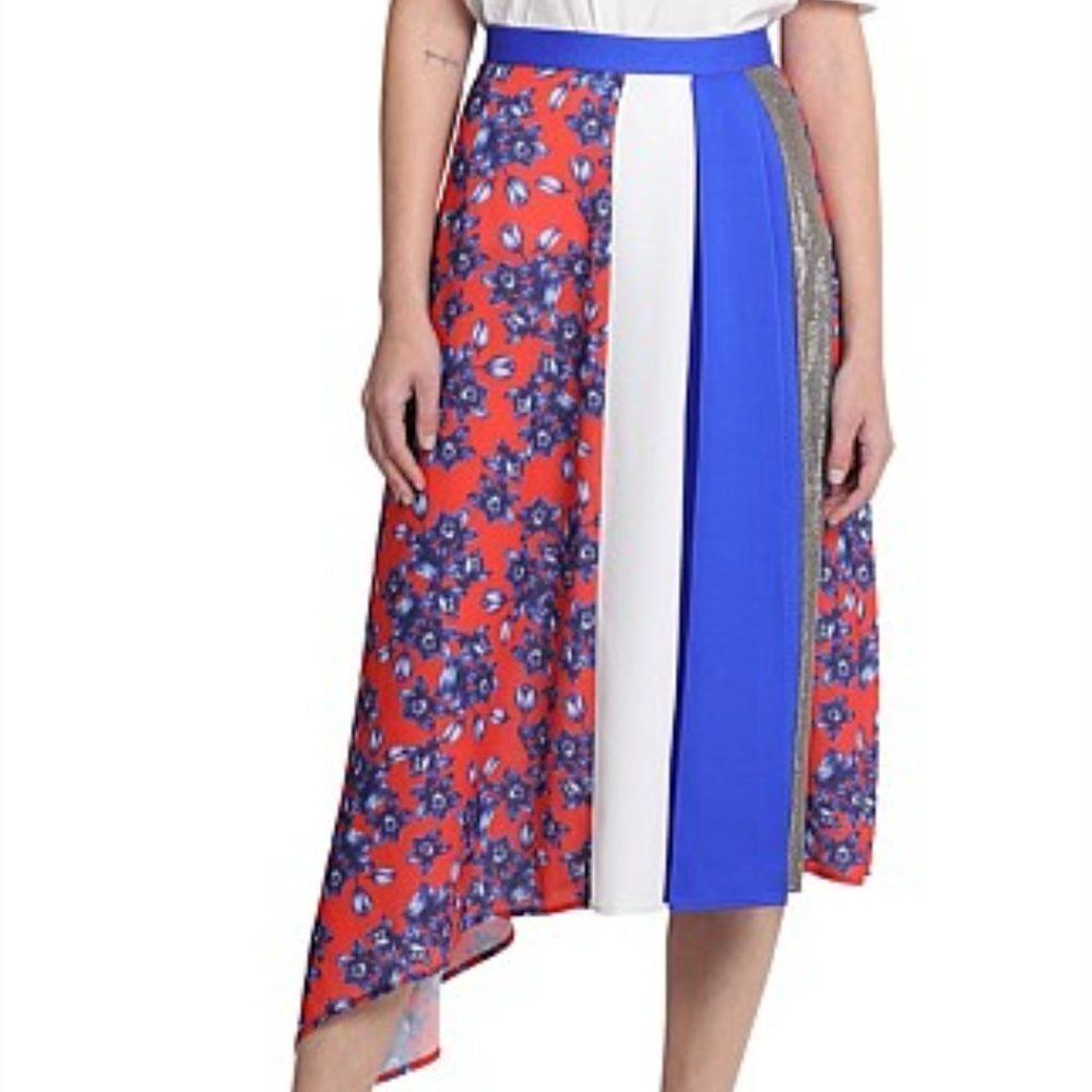 Vestire Skirt Womens Midi A-Line Asymmetrical Hem Size XS Red -White- Blue 27" W